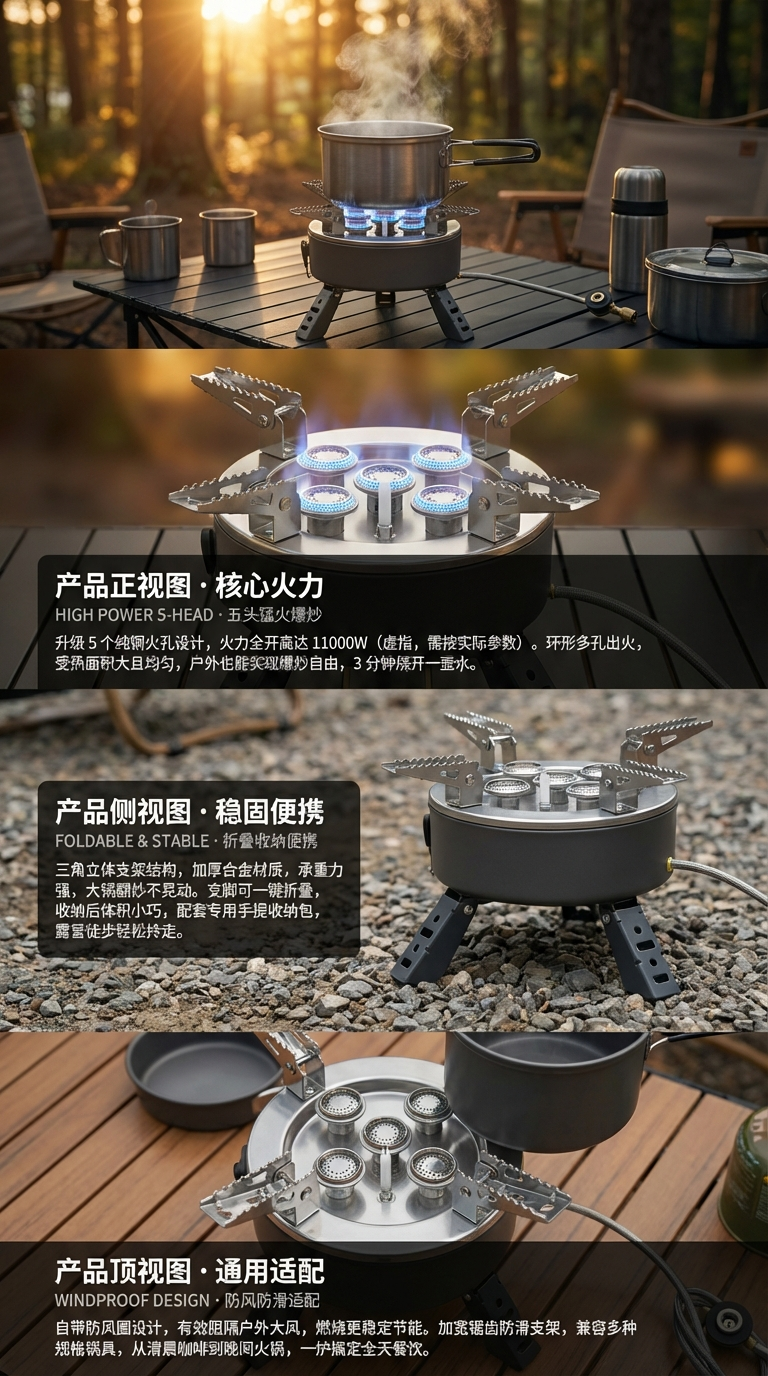 新款五头炉不锈钢炉 猛火炉圆形卡式炉 带支架气炉 户外炉便携炉详情2