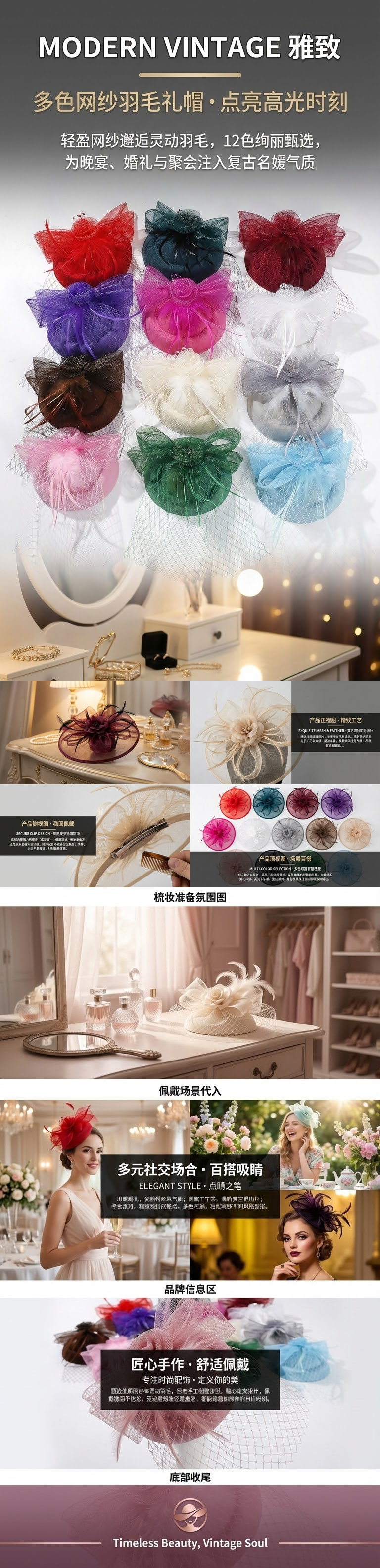1件女士网纱小礼帽发夹手工节日派对宴会生日礼物赛马节新娘帽德比帽带夹子教堂帽圣诞帽带夹子详情1