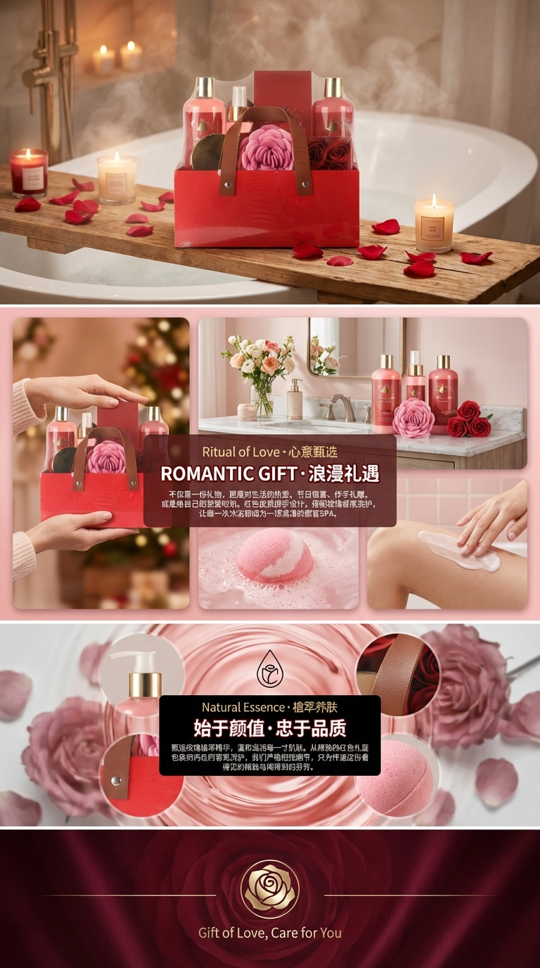 Christmas gift Red Bath gift box set: Body Wash, Perfume, bath salt, bath ball, Scrub (seven-piece set). You can choose your own fragrance type. ODMOEM design, a great gift pic 3