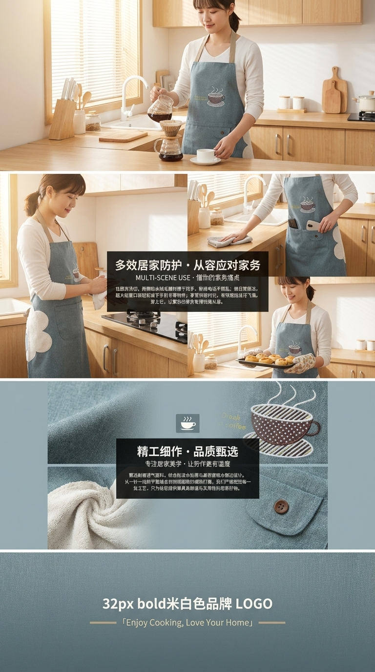 咖啡杯擦手家务围裙加厚袖套防滴水设计可调节绑带厨房用具防护用品详情3