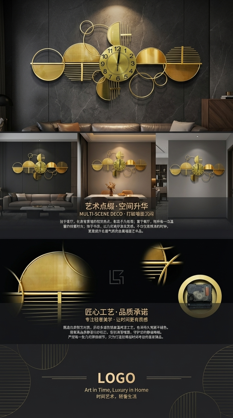 金色抽象艺术电子钟大屏显示时钟座钟挂钟钟表详情3