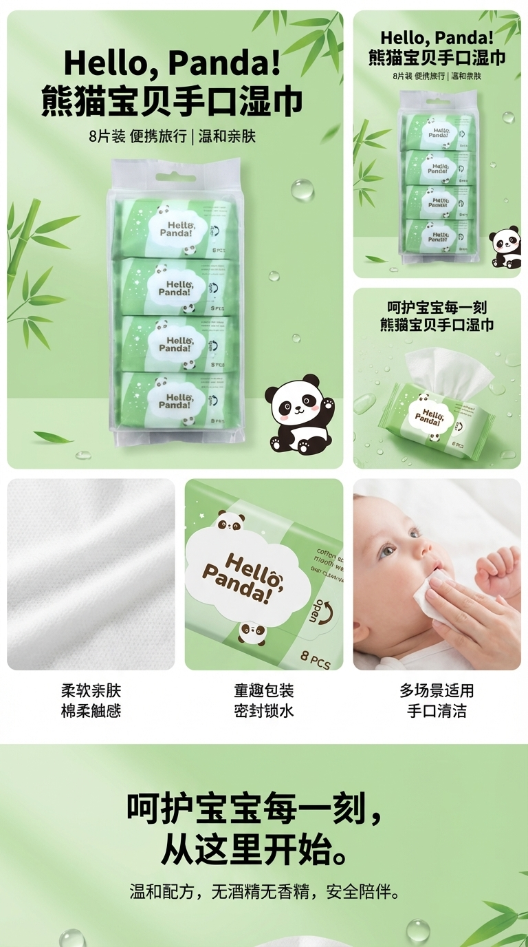 comsoft品牌Hello Panda!迷你湿巾八连包便捷式绿茶熊猫迷你湿巾详情1
