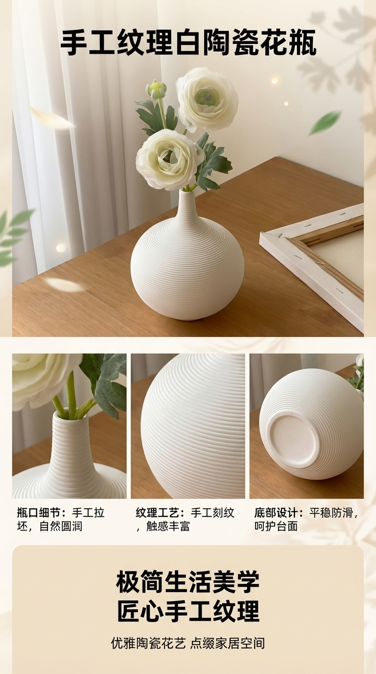 北欧ins风简约素胚年轮陶瓷花瓶插花 艺术民宿卧室摆件家居装饰品详情1