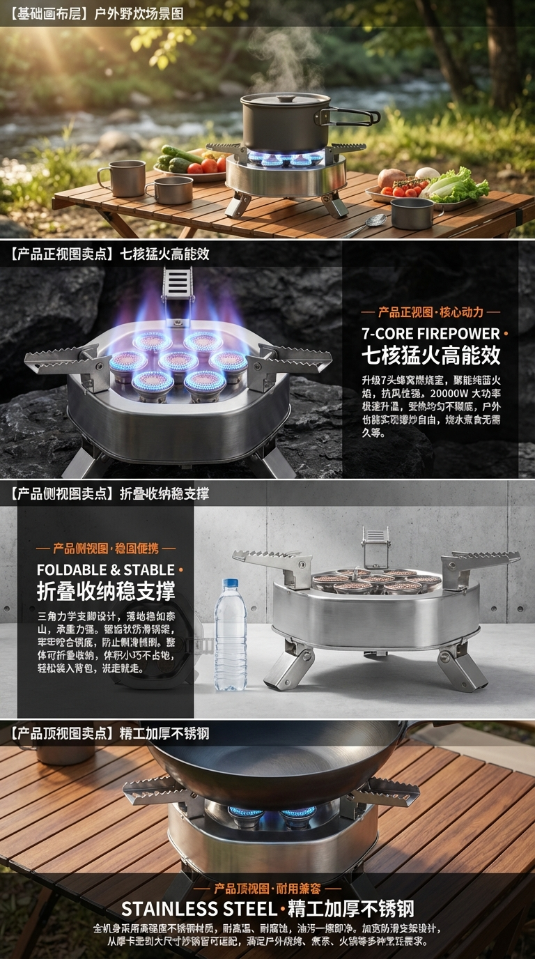 Newly upgraded portable folding outdoor fierce fire stove 12800W seven-core fierce fire camping stove, gas stove, source factory, source factory pic 2