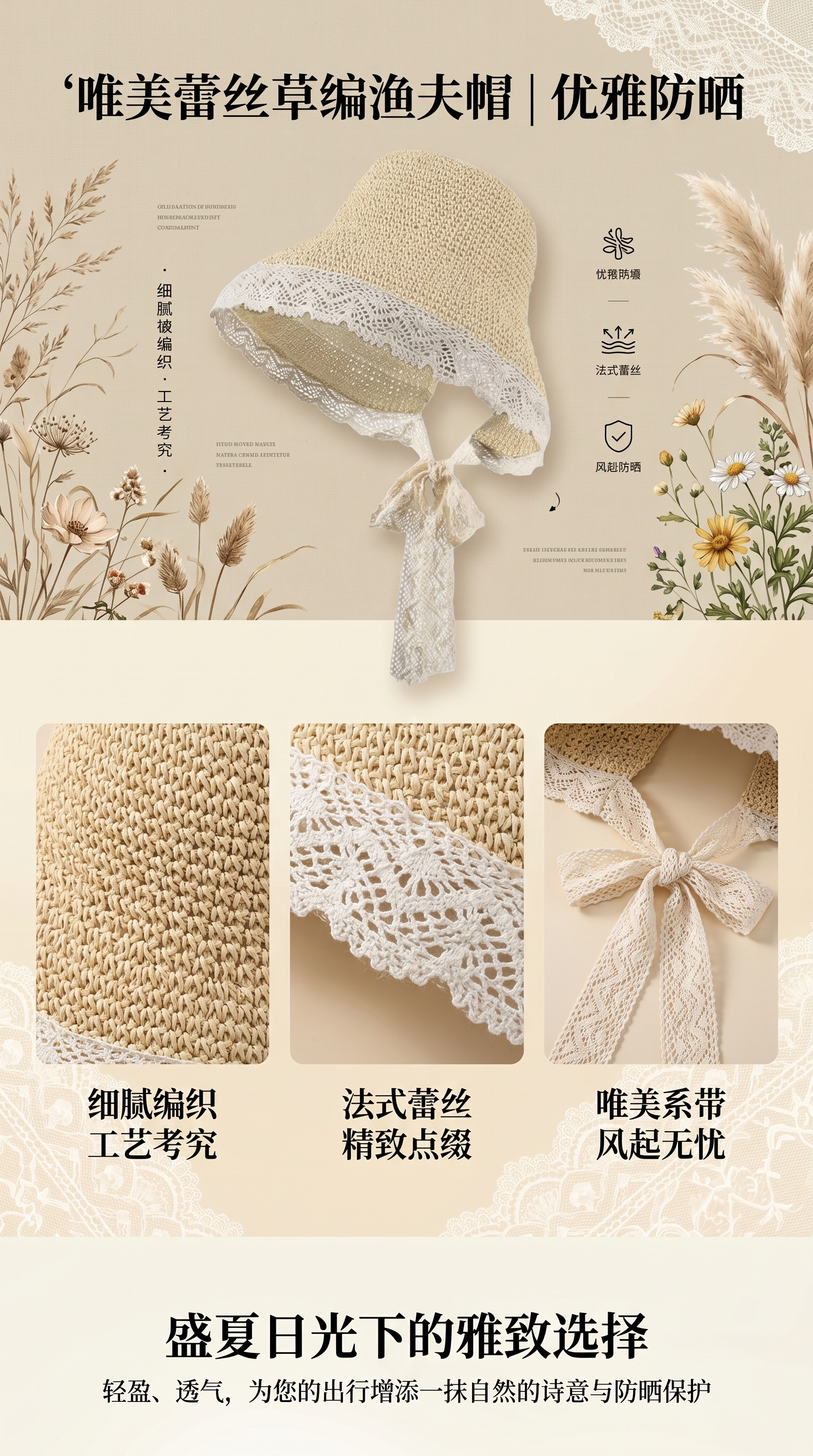 French lace-trimmed sunshade straw hat, women's summer large brim ribbon fisherman's hat, seaside foldable sun hat pic 1