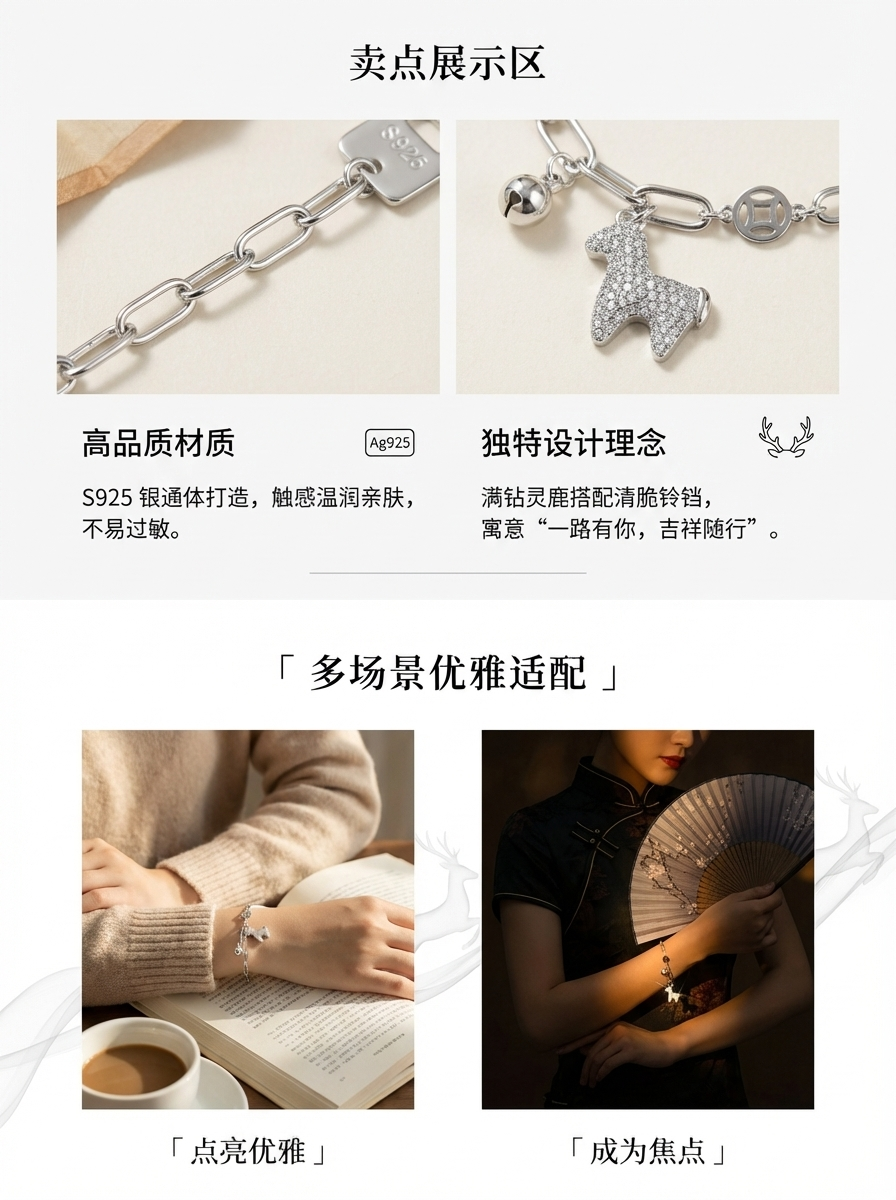 S925星铃灵鹿·轻奢守愿流光灵动小鹿铃铛可调节银饰手链银手链详情3
