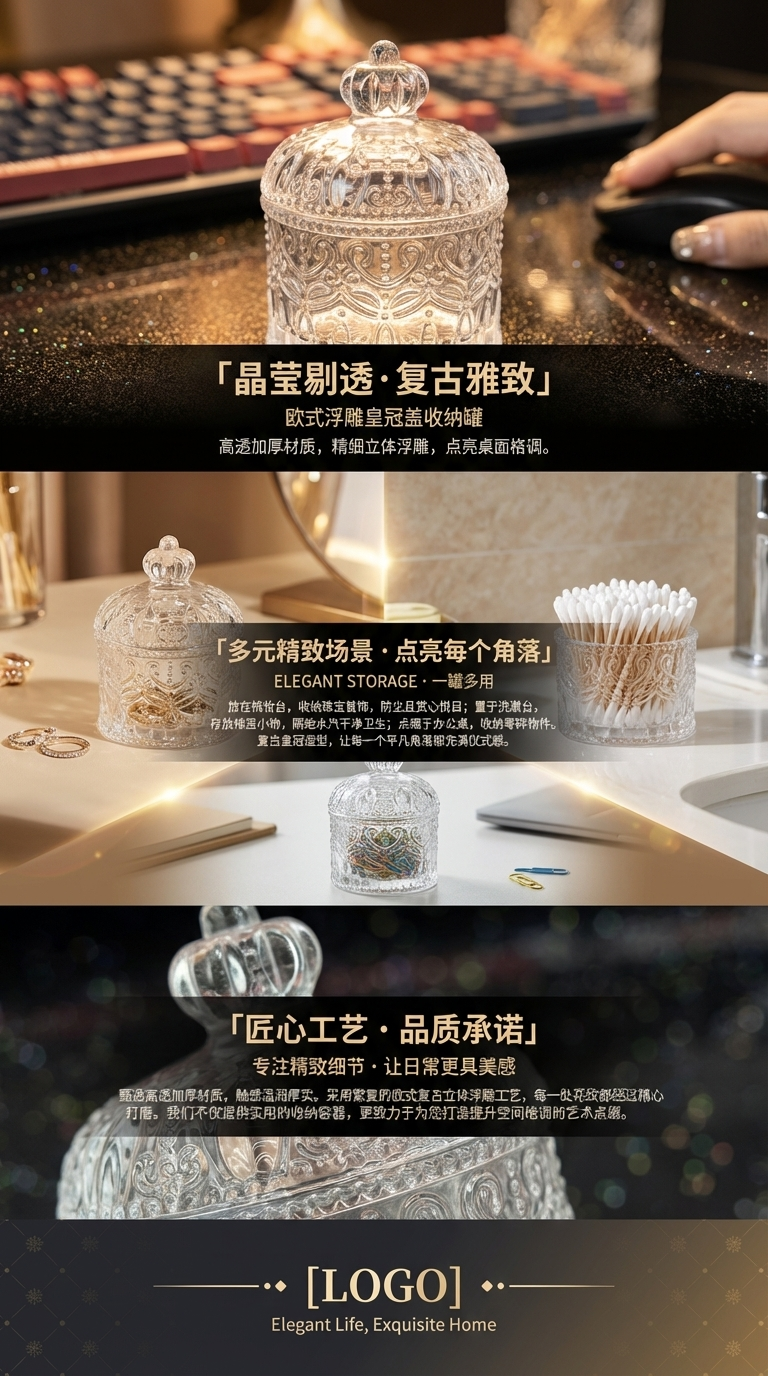 Small crown glass sugar jar with lid, exquisite Ins-style cosmetic storage, ZK decorative item pic 3