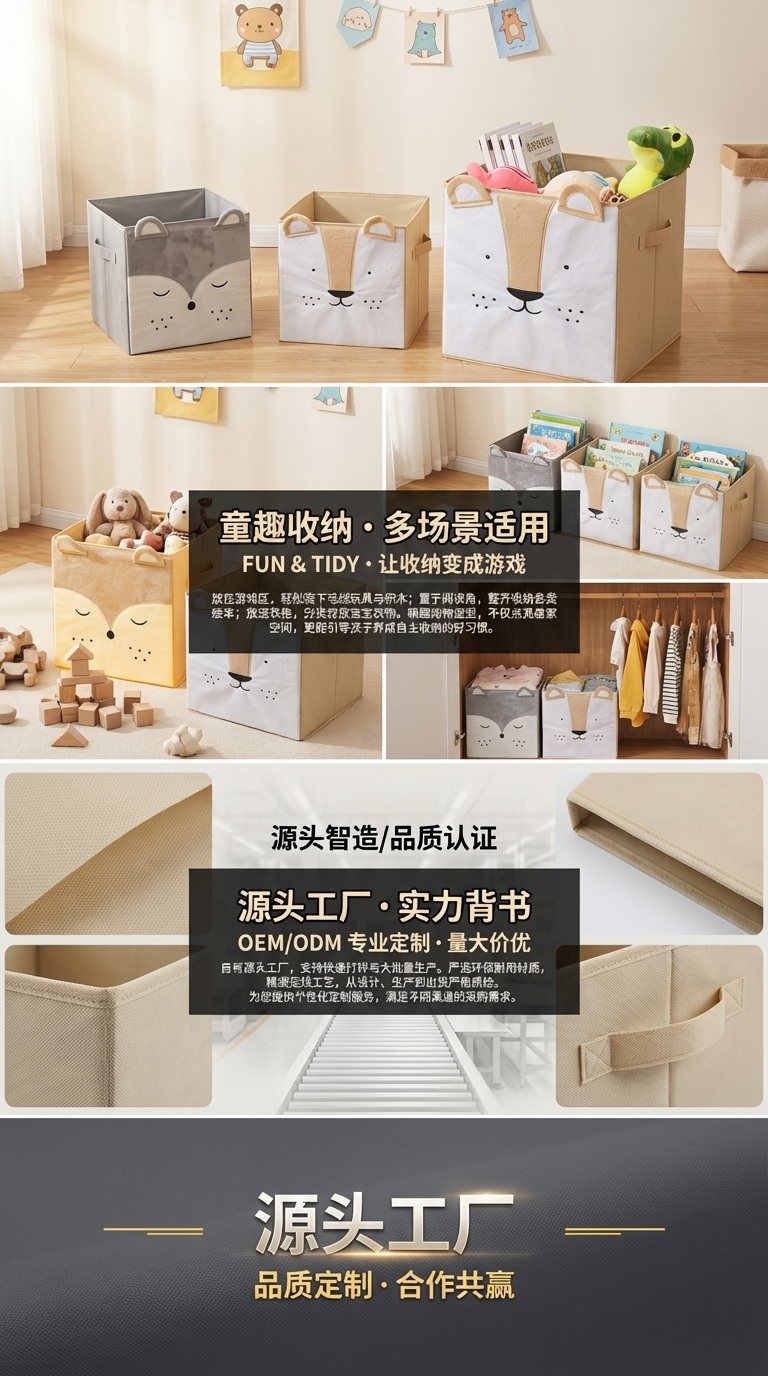 卡通玩具收纳盒，无纺布动物贴图收纳盒，多款式，可定制详情3