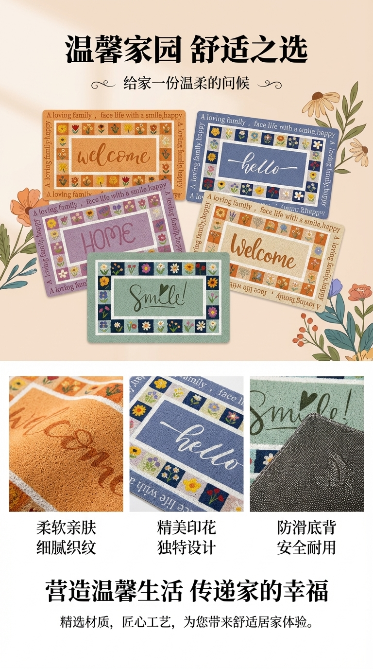 Five pieces of flower welcome message floor mat combination decoration pet small carpet PVC bathtub anti-drop mat pic 1