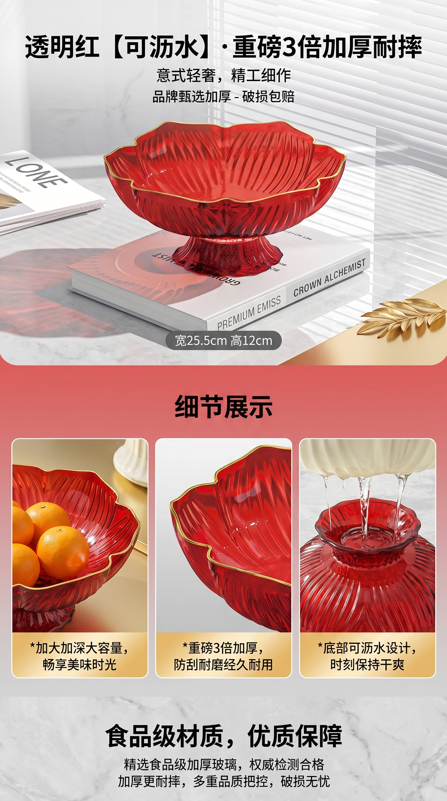 透明红果盘 家用客厅水果盘创意玻璃果篮餐桌摆盘收纳盘详情1