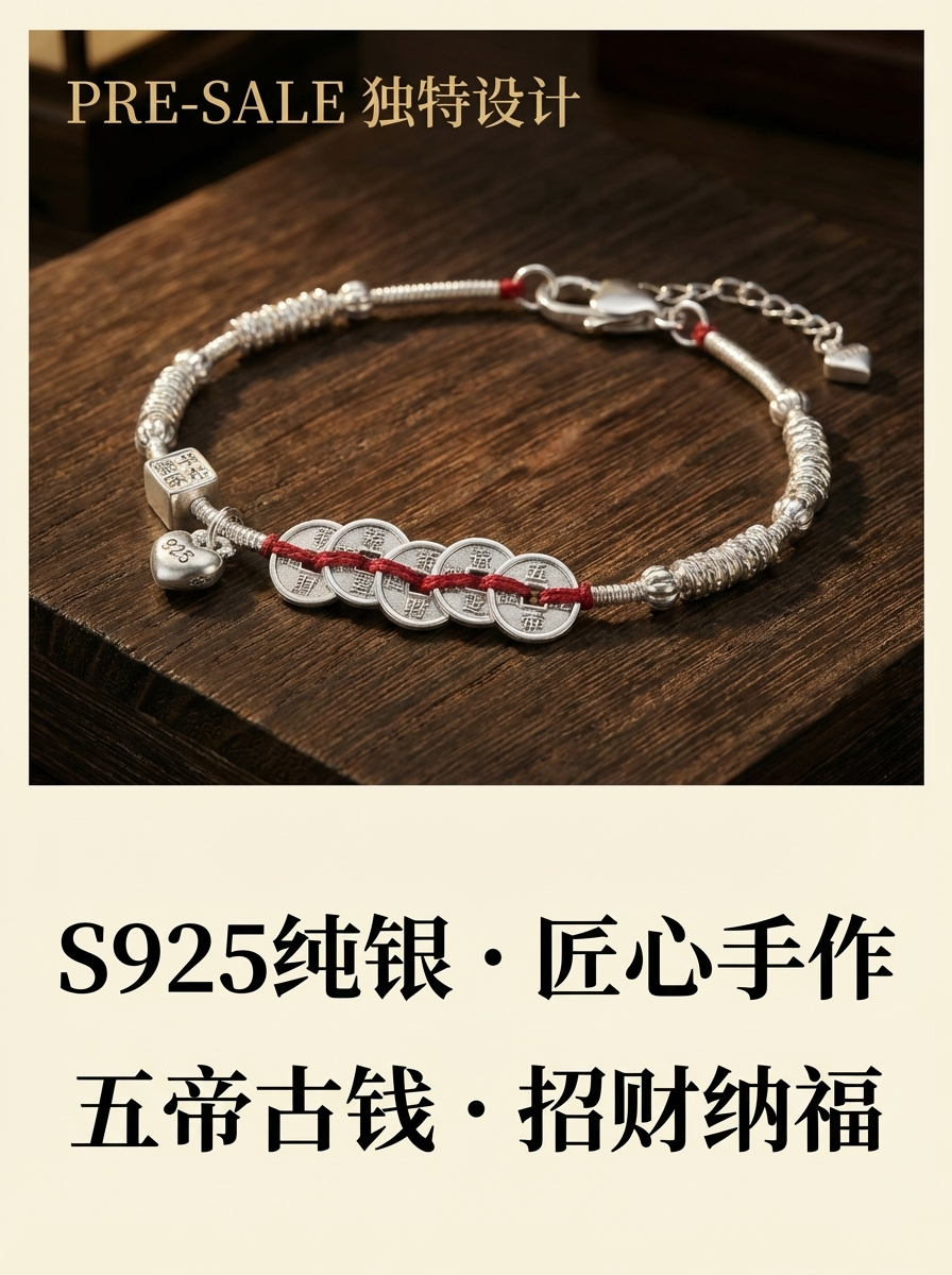 925银锦囊纳福五帝钱红绳手链女｜新中式小众设计感守财纳福幸运手饰详情2