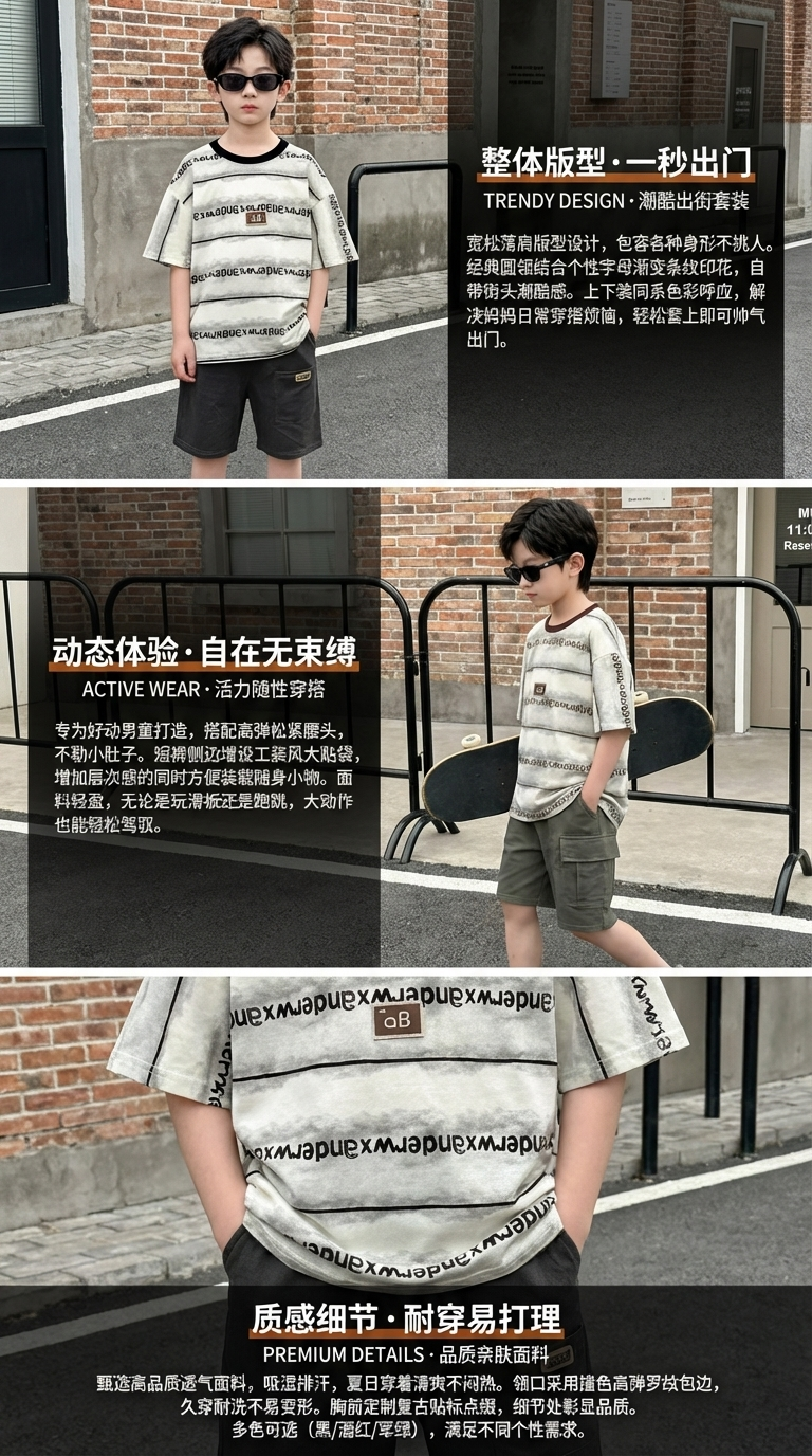 男孩时尚穿搭短袖T恤短裤墨镜滑板韩版童装男童短袖详情2
