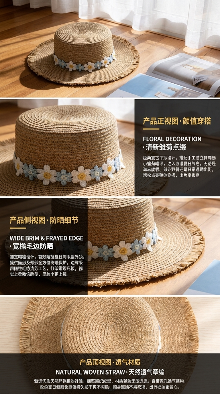 Lafite grass woven straw hat, flat top straw hat, beach hat, sun protection and shade hat, straw woven basket, natural, breathable and sun protection, suitable for seaside vacation, traveling, outdoor leisure and daily wear pic 2