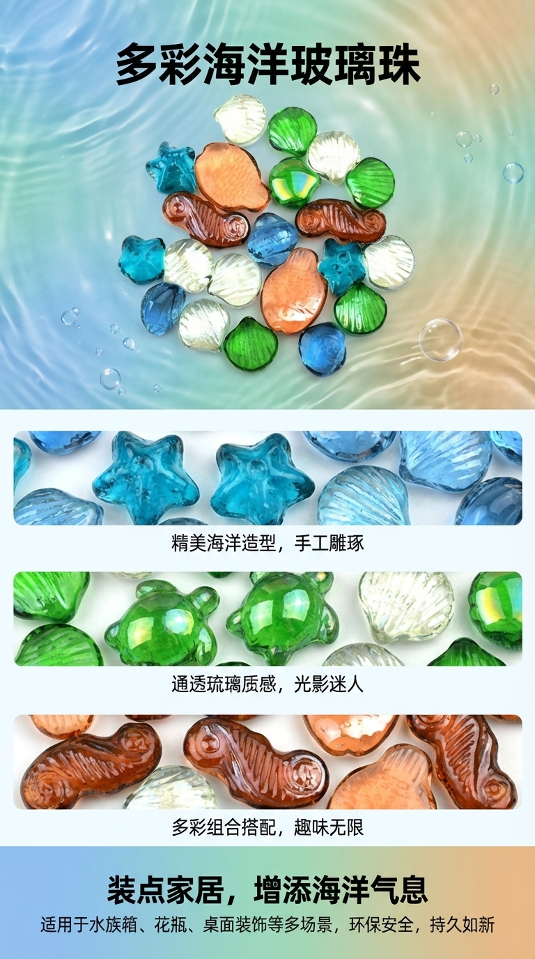 鱼缸装饰玻璃块太阳蝴蝶海螺枫叶彩色玻璃装饰品玻璃珠陶瓷摆件铁线工艺品果壳陶瓷葫芦纪念币收纳盒详情1