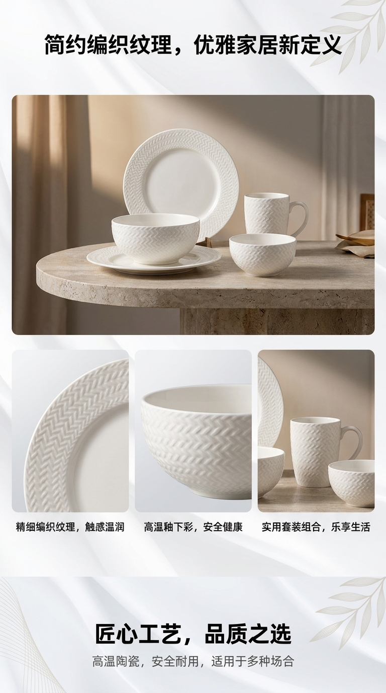 White ceramic tableware, plates, cups and bowls, home set, simple style, durable pic 1