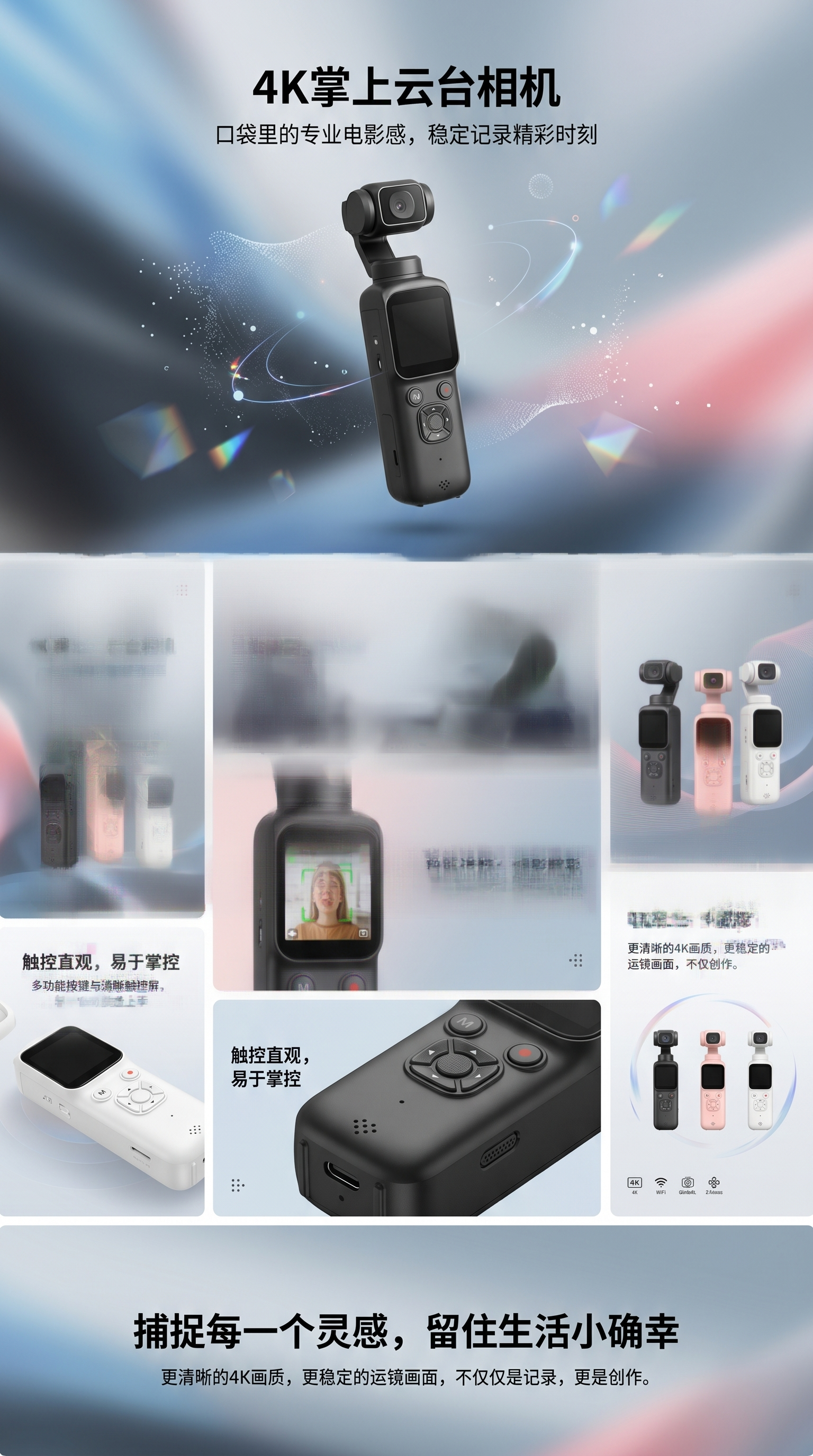 Portable 4K pocket camera available in white, black and pink. Stylish mini high-definition video recording pic 1