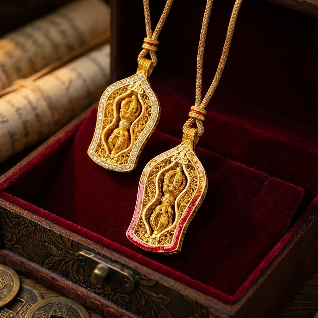 A hand-carved movable pendant Thangka necklace in the style of Indian Buddhism with gold and silver covering pic 3