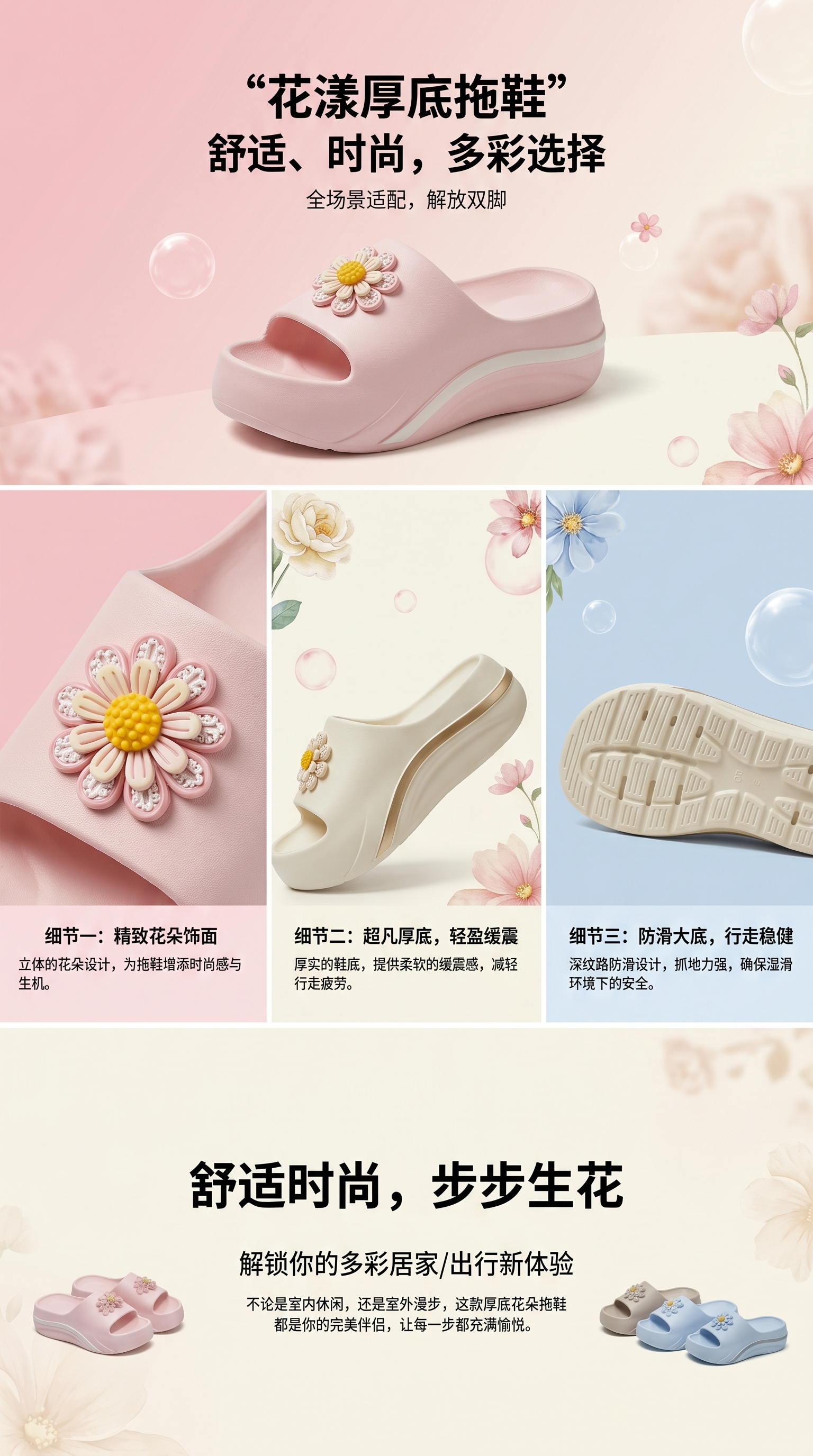 夏天女款彩色厚底花朵时尚拖鞋详情1