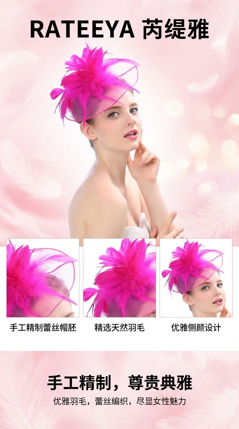 粉色网纱羽毛发饰单面植绒弹力网发饰女款时尚头饰094253225详情1