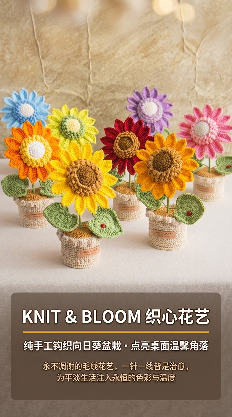 向日葵手工编织毛线花束针织盆栽详情1