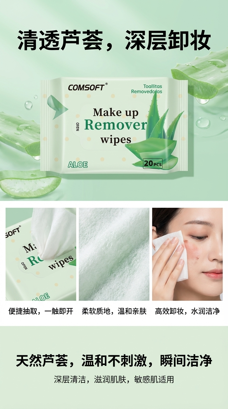 comsoft品牌青瓜卸妆湿巾青瓜淡香20片卸妆小方巾详情1