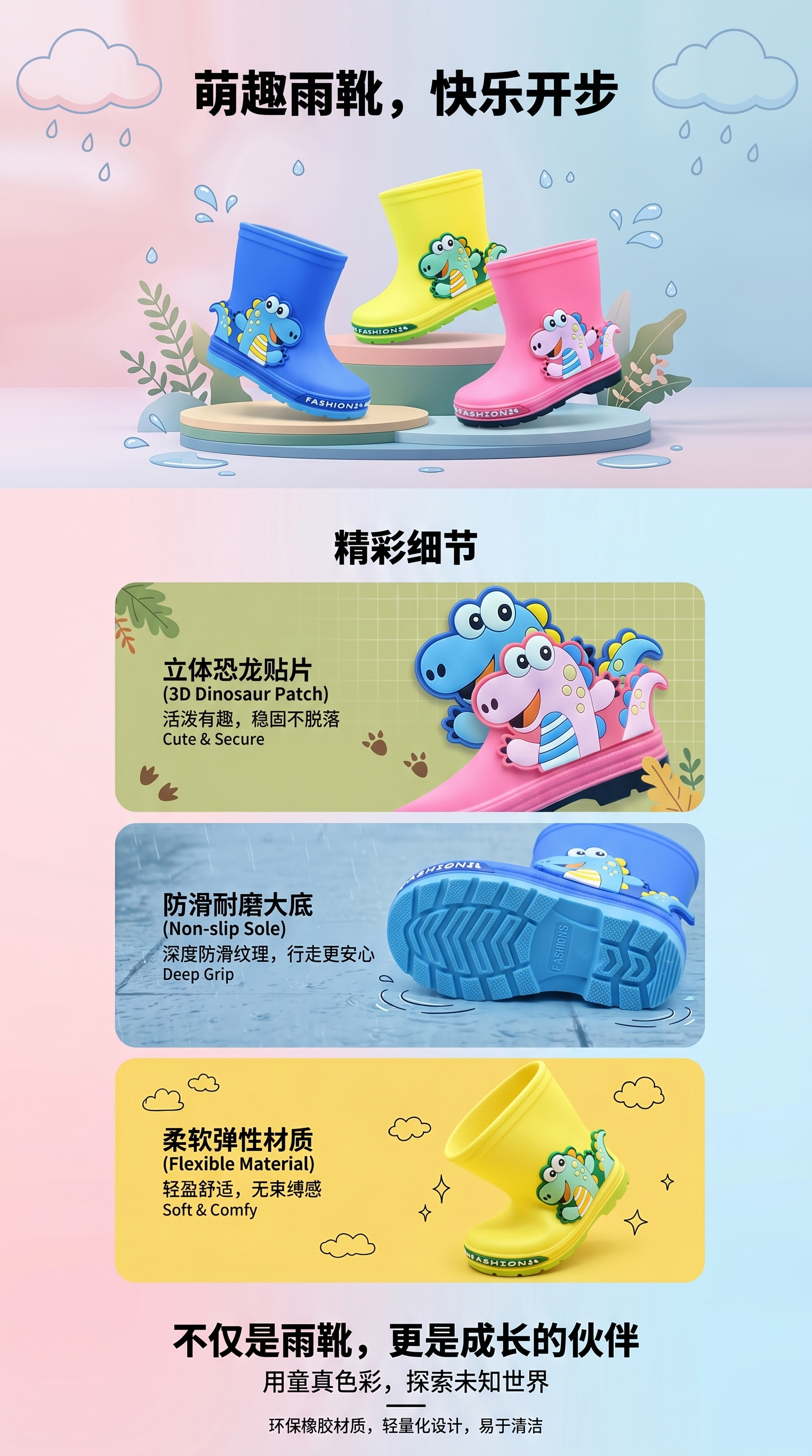 Cartoon dinosaur pattern children's rain boots are waterproof, anti-slip, comfortable and breathable for spring and autumn pic 1