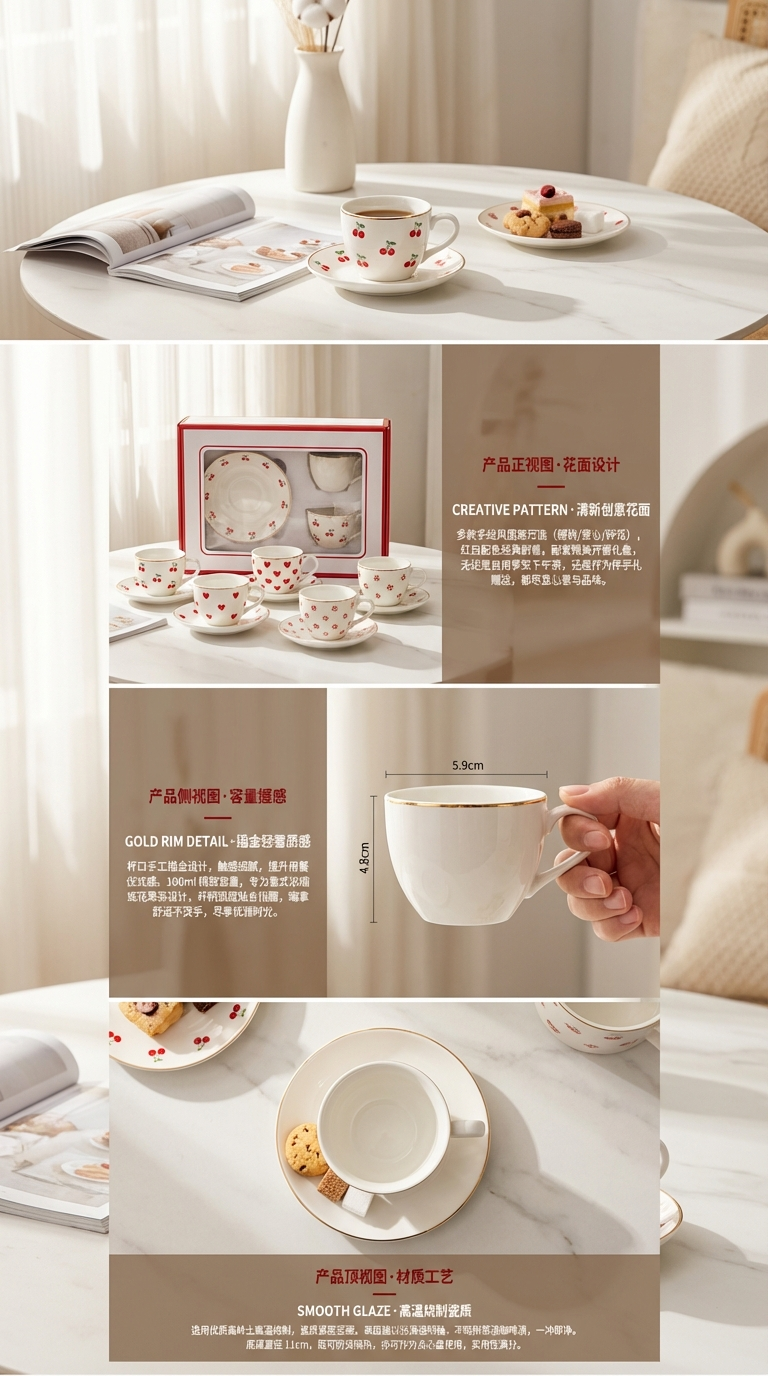 小清新陶瓷杯碟套装节庆款会议杯创意陶瓷杯子家用办公用品详情2