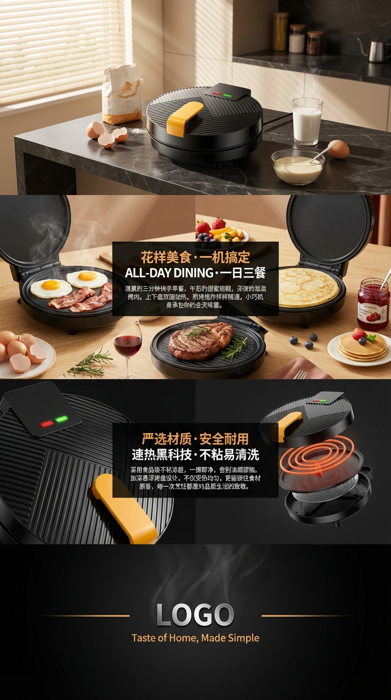爆款双面加热三明治机煎烤器可拆卸盘早餐机华夫饼机三文治帕尼机详情3