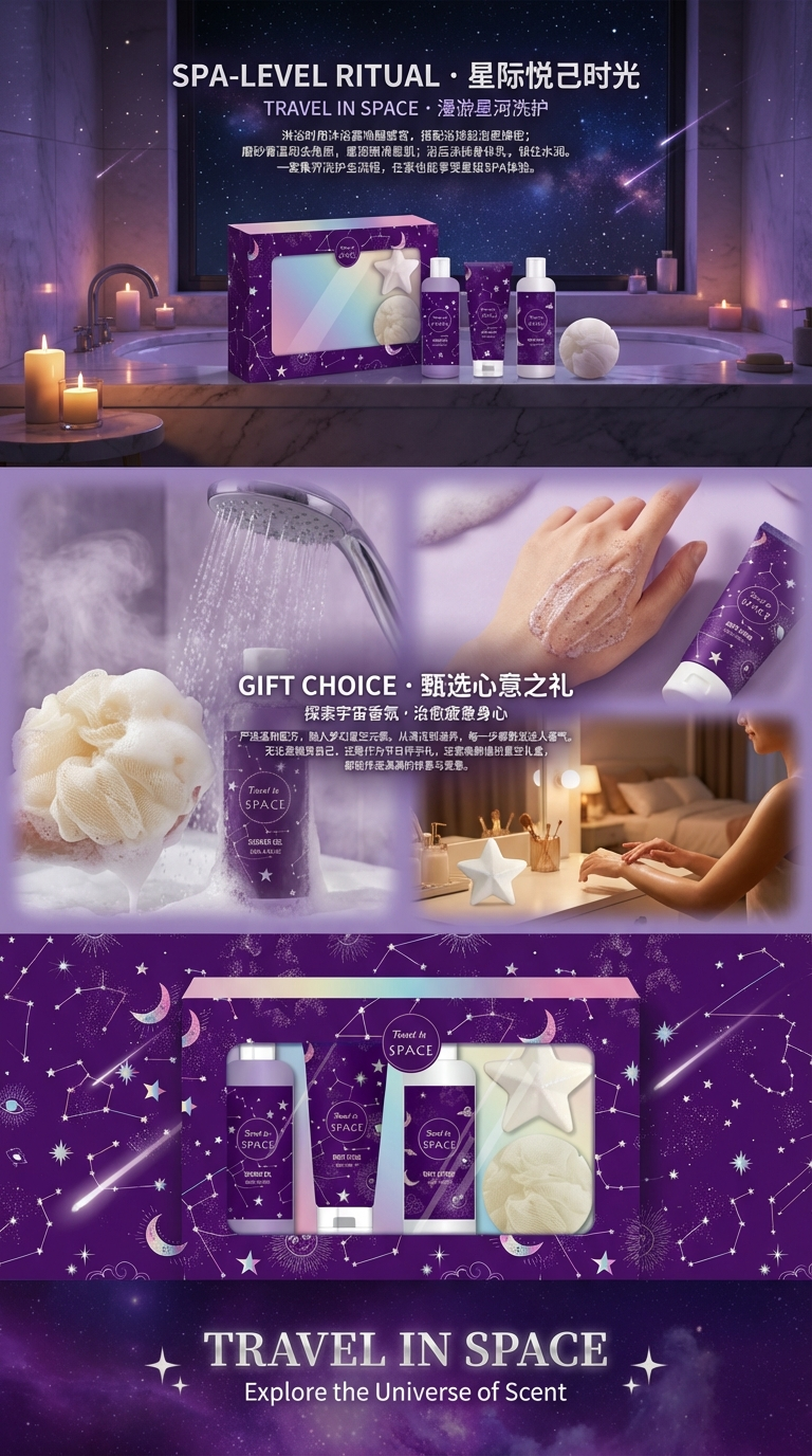 Dreamy Dreamy Orchid Purple Starry Sky Theme Gift Box set Body Lotion Body Scrub Body Wash Star Explosion Combination Set Gift Good Product Manufacturer Wholesale Price Body Care bath set pic 3