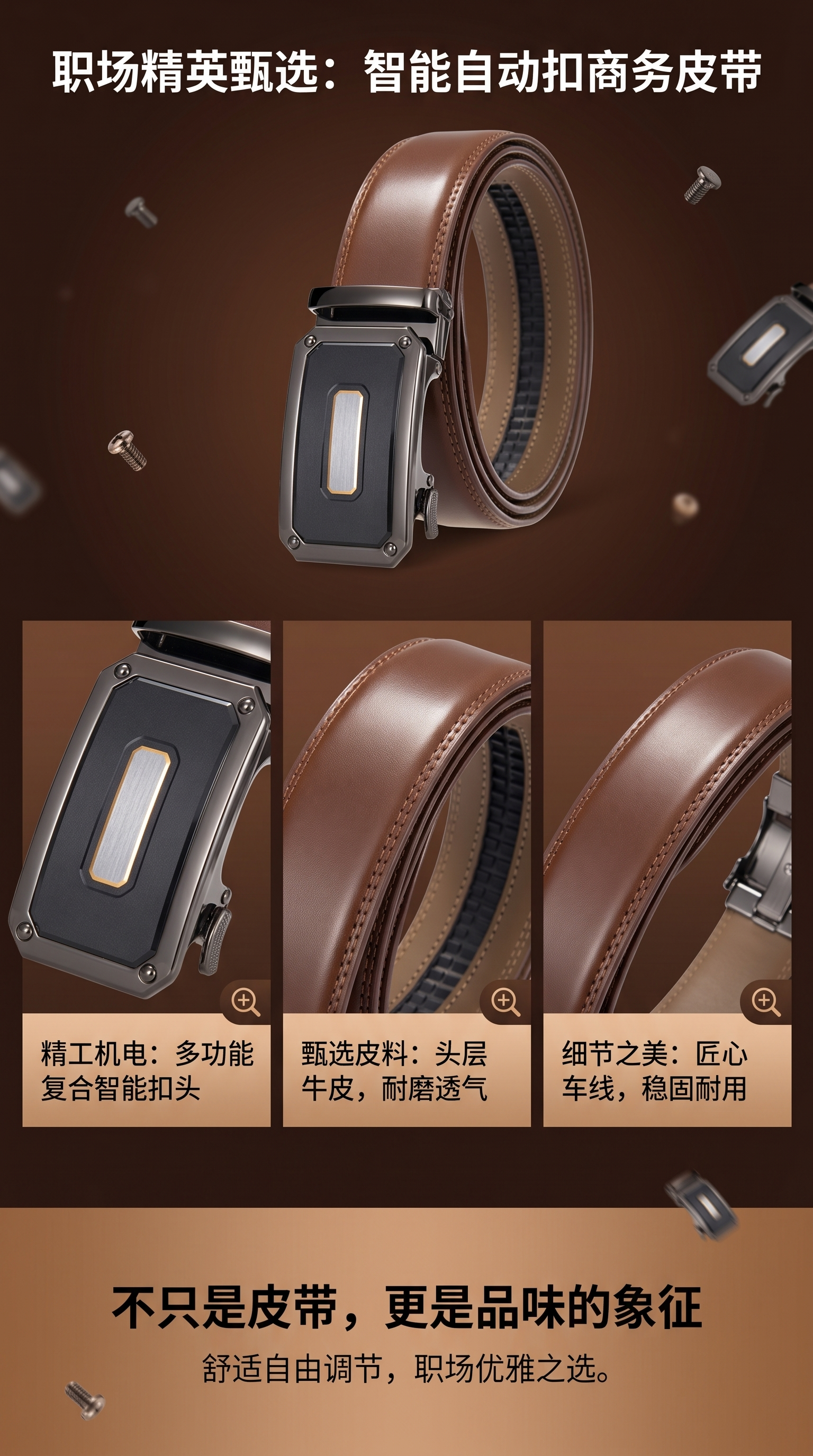 棕色真皮男士腰带 时尚简约百搭商务休闲皮带详情1