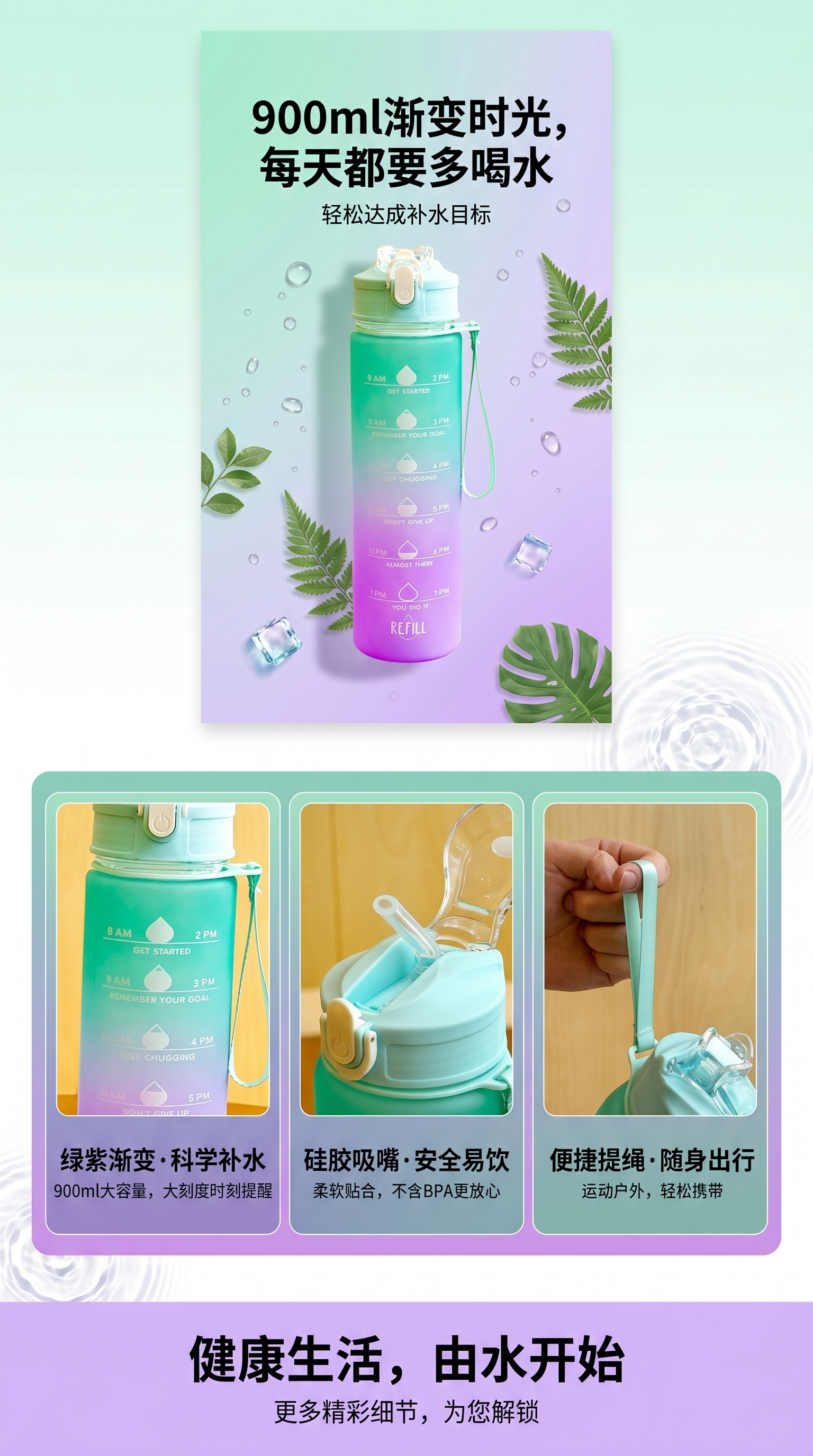 绿紫渐变色水杯 500ml 便携保温大容量运动水壶详情1