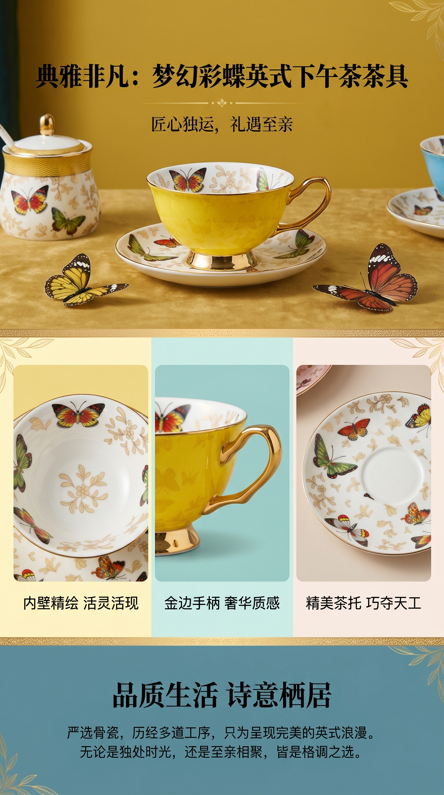 彩色蝴蝶图案茶杯和茶碟套装 家用陶瓷茶具清新文艺风详情1