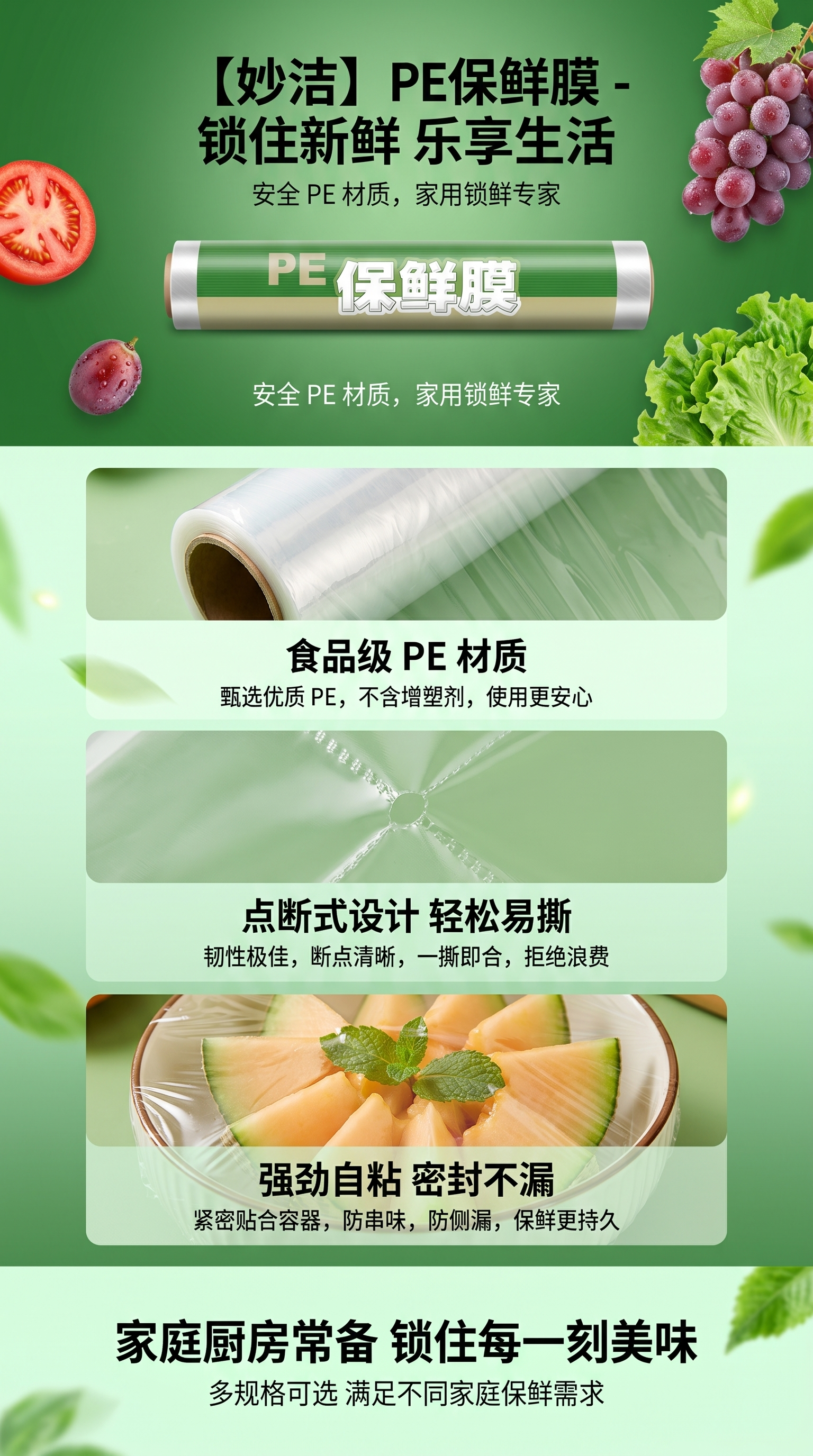 PE食品级保鲜膜PE食品保鲜膜卷 保鲜膜套保鲜袋通用家用厨房保鲜膜 30CM*20M详情1