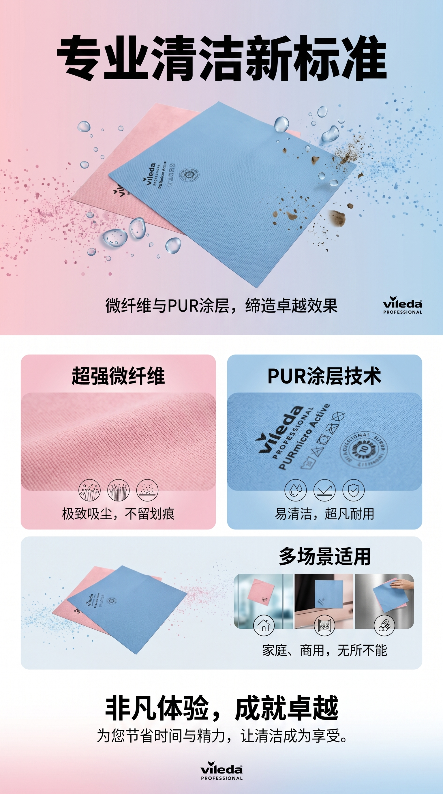 Vileda professional-grade high-end microfiber cleaning cloths, active cleaning cloths, scratch-free glass polishing cloths, and rags pic 1
