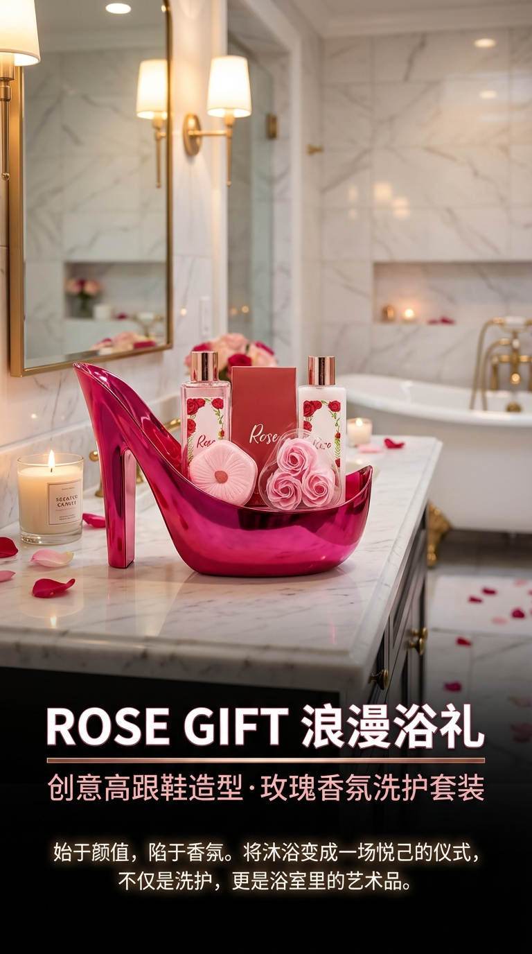 Rose-themed bath set, high-heeled shoe shaped gift box, souvenir, luxurious bath gift box, body lotion, body wash, bath salt, spa gift box pic 1