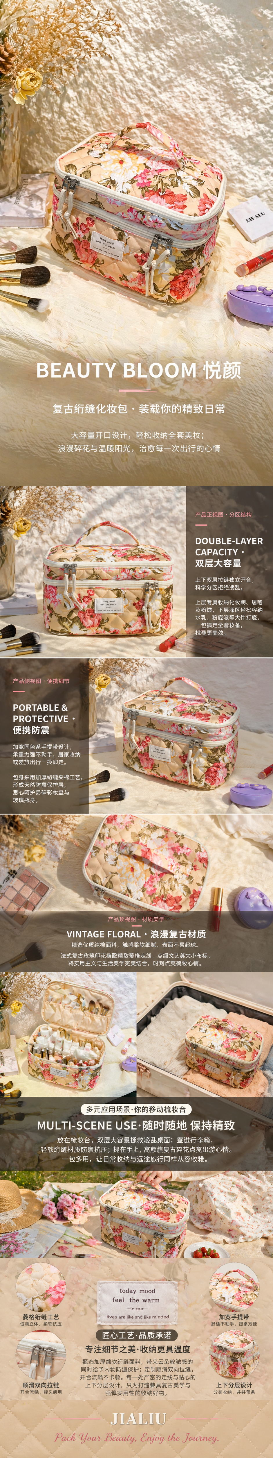 花卉图案化妆包收纳袋多层分隔防水便携旅行化妆包详情1
