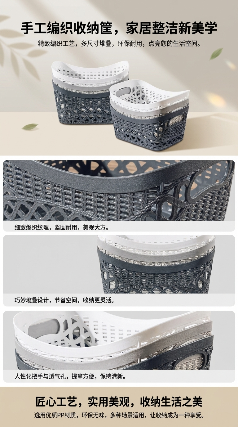 防藤编收纳篮塑料PP料编织带脏衣篓收纳筐置物篮家用收纳084031363详情1