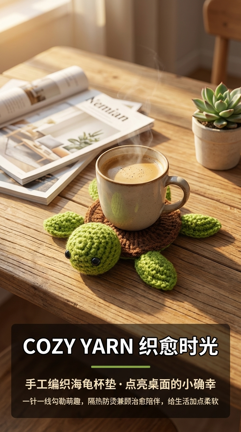 新款亚马逊成品创意家居装饰毛线乌龟桌面摆件手工钩织动物杯垫详情1