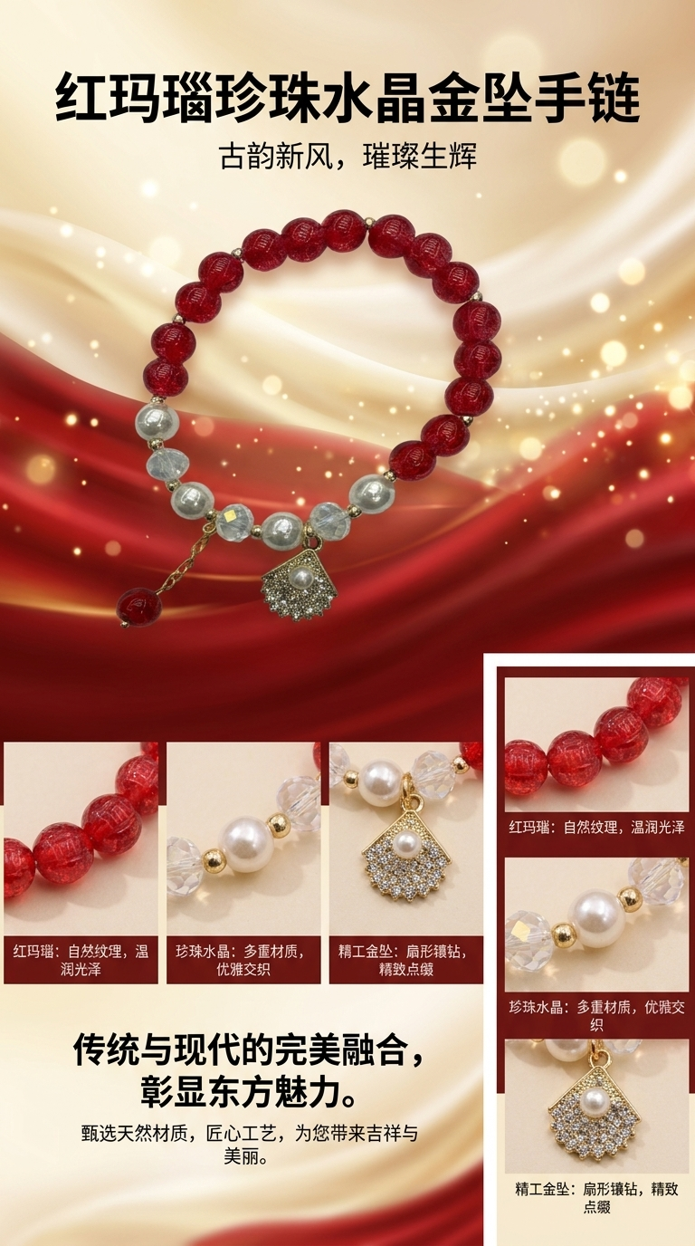 Red flower bead bracelet imitating pearl is a simple and fashionable accessory for girls as a gift pic 1