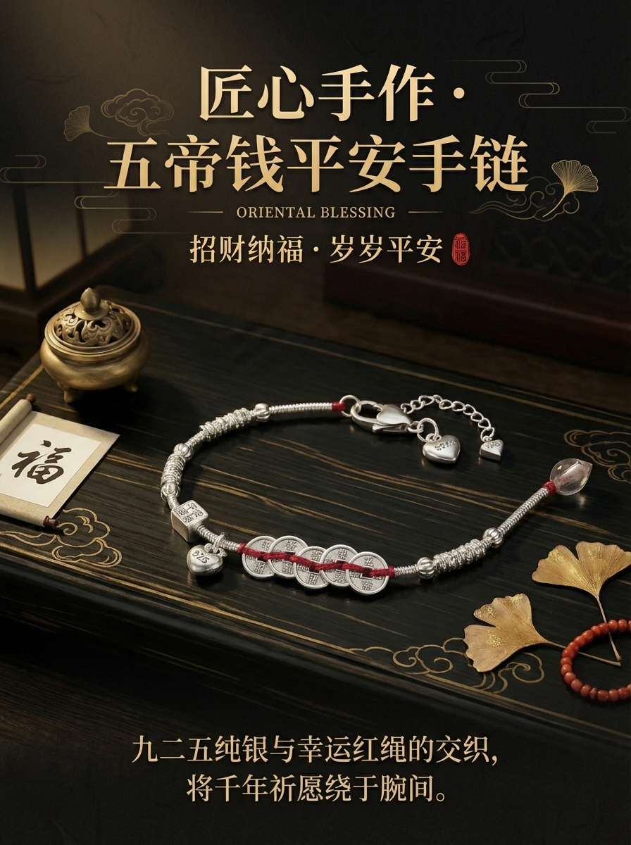 925银锦囊纳福五帝钱红绳手链女｜新中式小众设计感守财纳福幸运手饰详情1