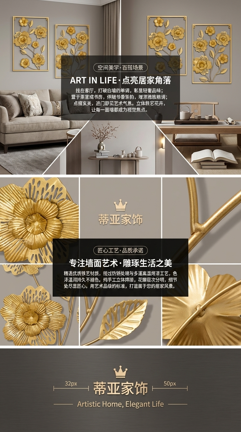 沙金金属花卉装饰画三角洲软装饰品北欧风详情3