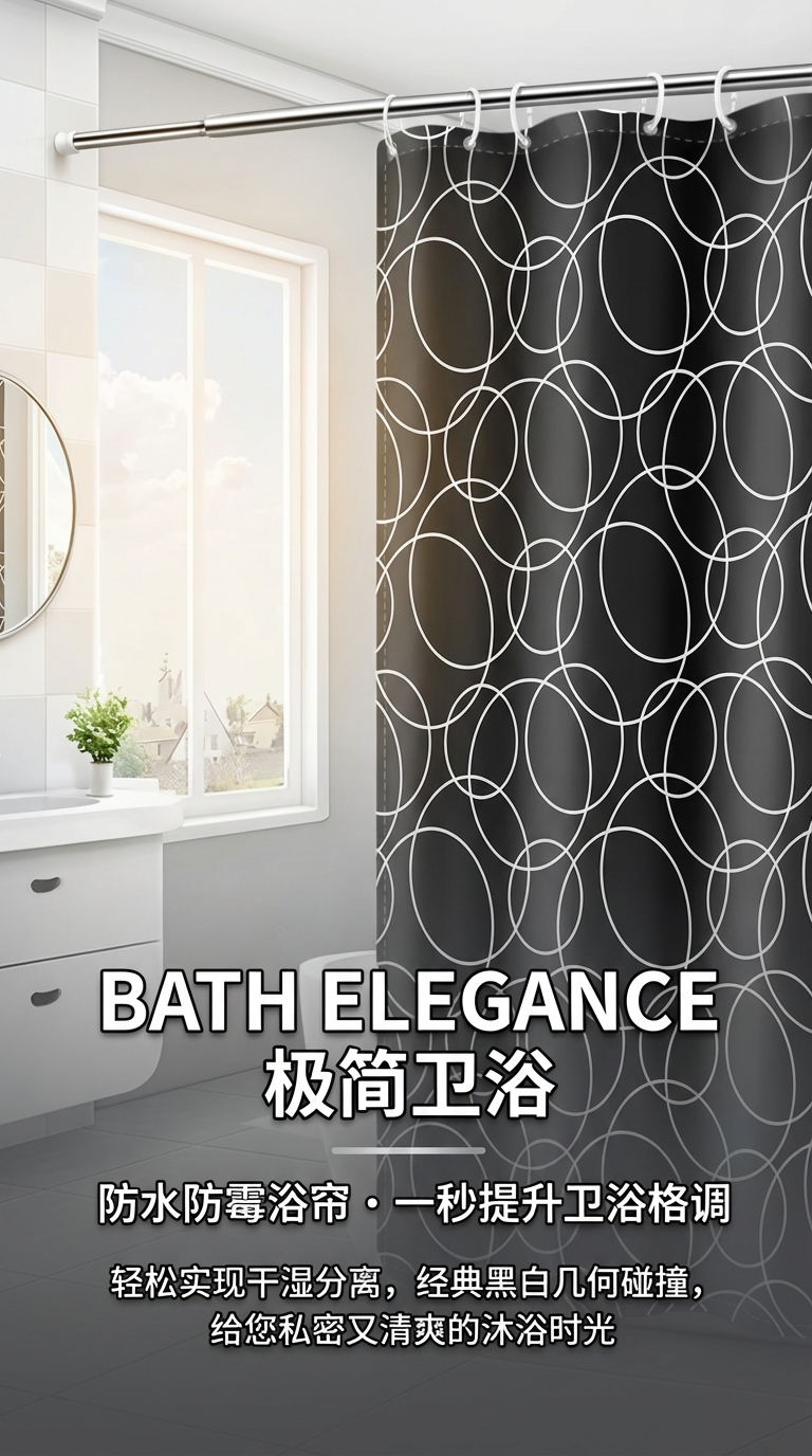 黑色底白色圆圈图案透明浴帘窗帘帘子浴室帘帘幔浴帘透明浴帘详情1