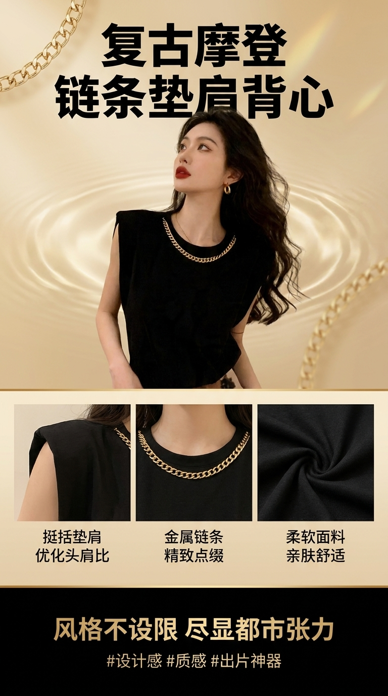 A French black sleeveless vest for women, with a mature, niche and high-end look, is a simple and elegant commuting top that makes you look slimmer pic 1
