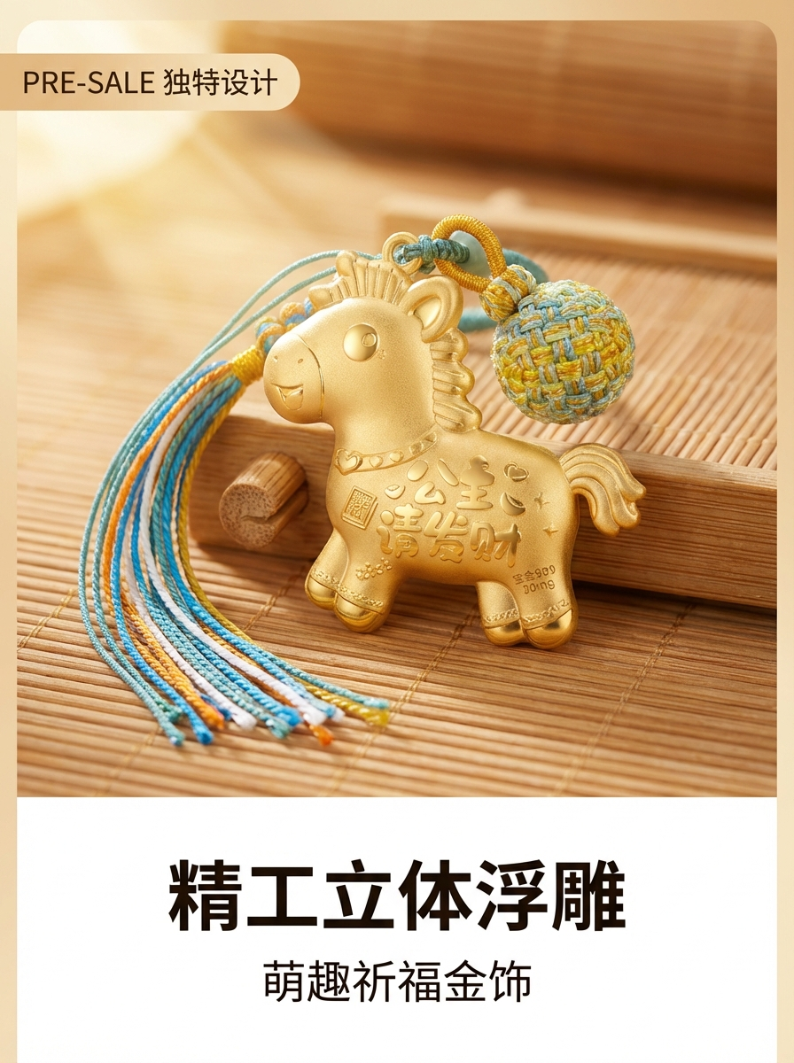 The Year of the Horse plastic foil gold style keychains, pendants and bags, with a minimum order of one. The color of the braided rope will be randomly dispatched pic 2