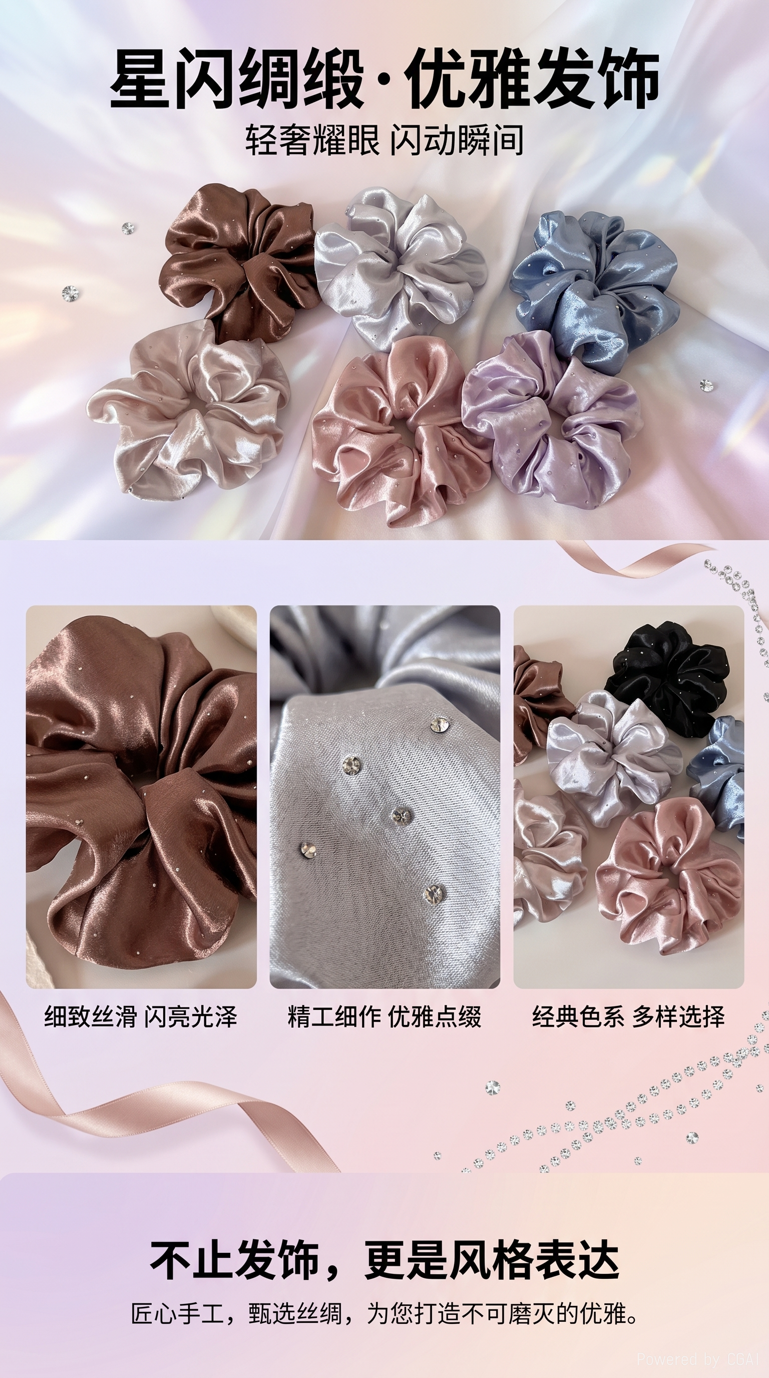 Silk-textured large intestine hair band, hair accessory, square scarf, ladies' hair band pic 1