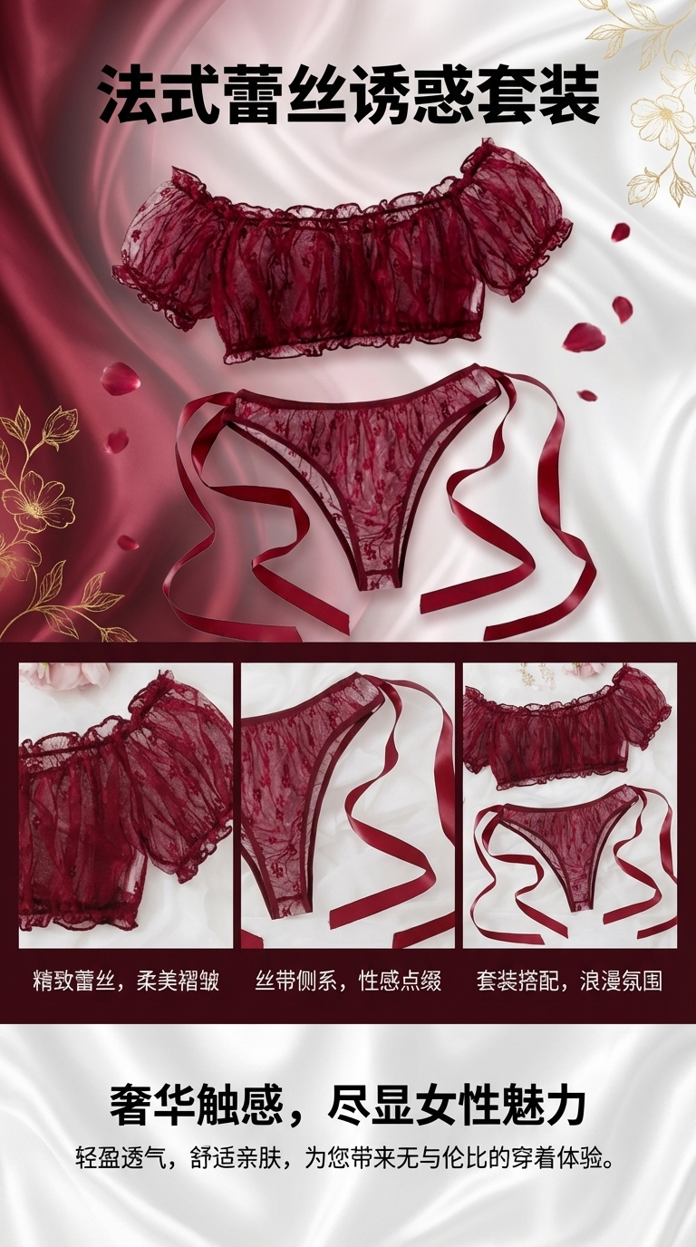 Cross-border European and American large-sized one-shoulder strapless sexy lingerie, lace pure sensual bra and underwear two-piece see-through set 08 pic 1
