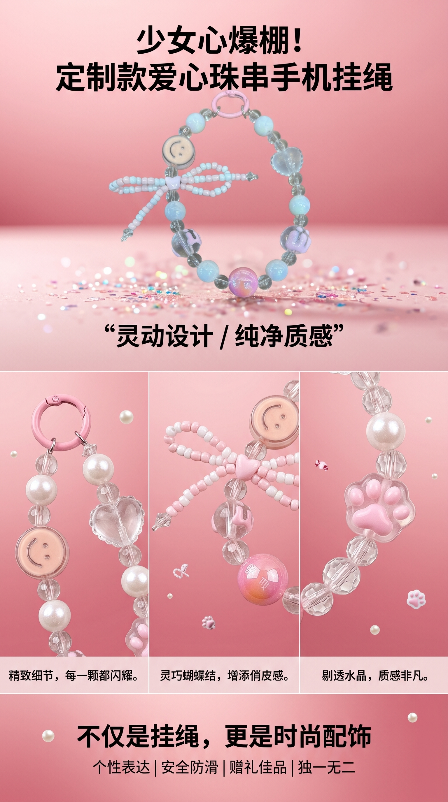 粉色珠子手链 女款简约时尚百搭饰品 18cm可调节详情1