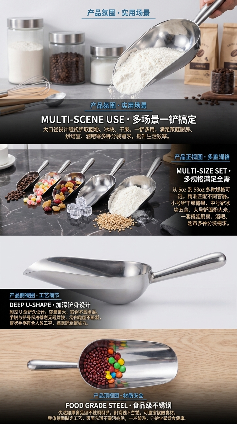 厂家直供12-85oz多功能铝合金超市厨房米铲牛排铲冰铲面粉铲批发金属勺子家用大容量不锈钢汤勺厨房餐具料理勺详情2