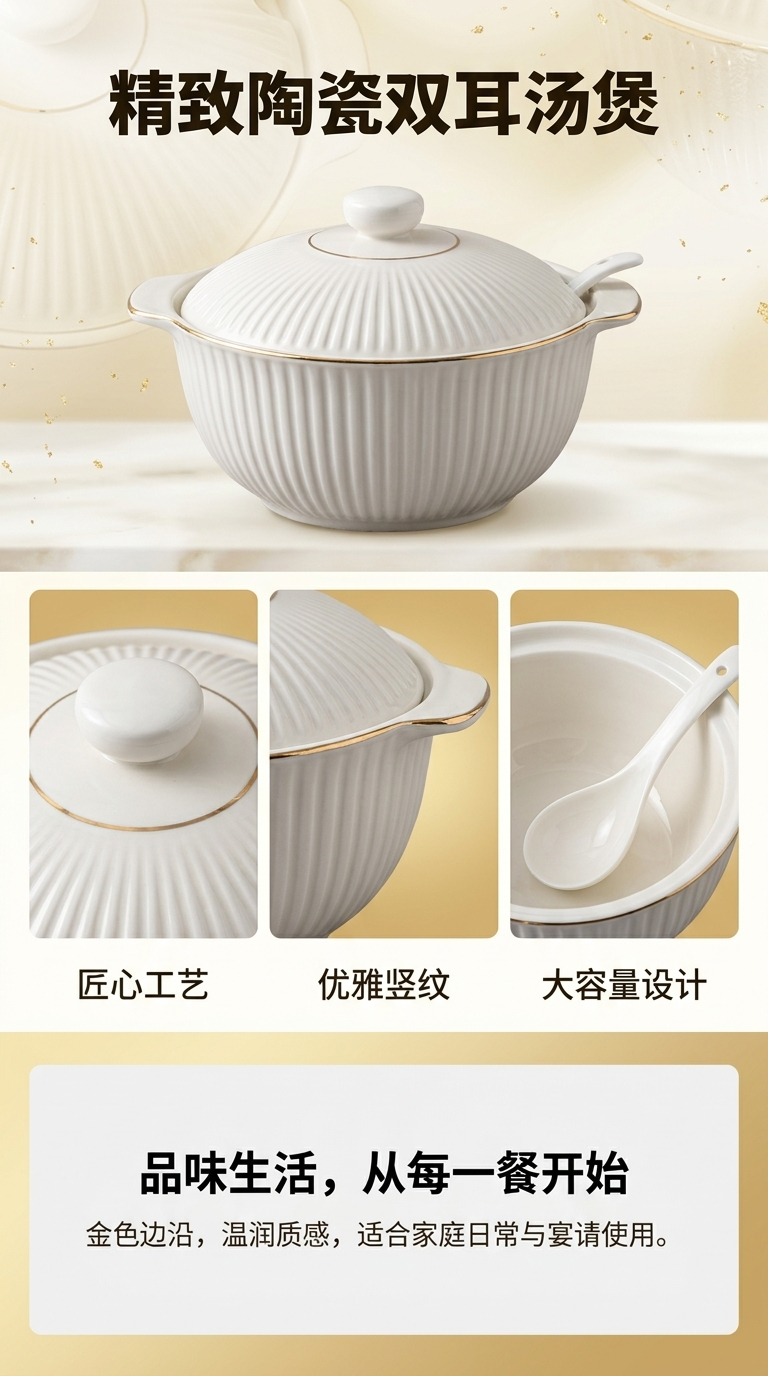 白色陶瓷带盖汤锅防耐用健康安全陶瓷餐具详情1