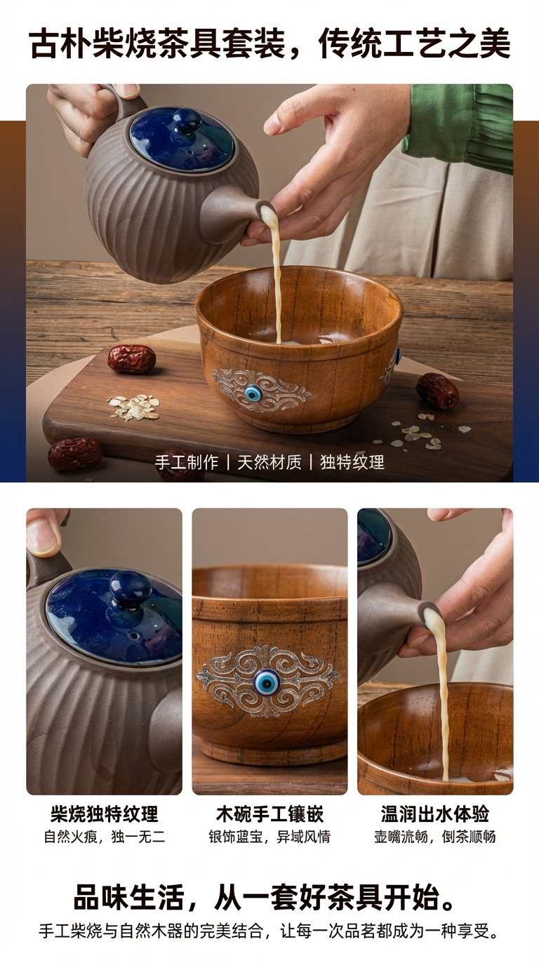 Solid wood creative Mongolian wooden bowls, household food bowls, wooden anti-scald milk tea bowls, ethnic-style jujube wood butter bowls pic 1